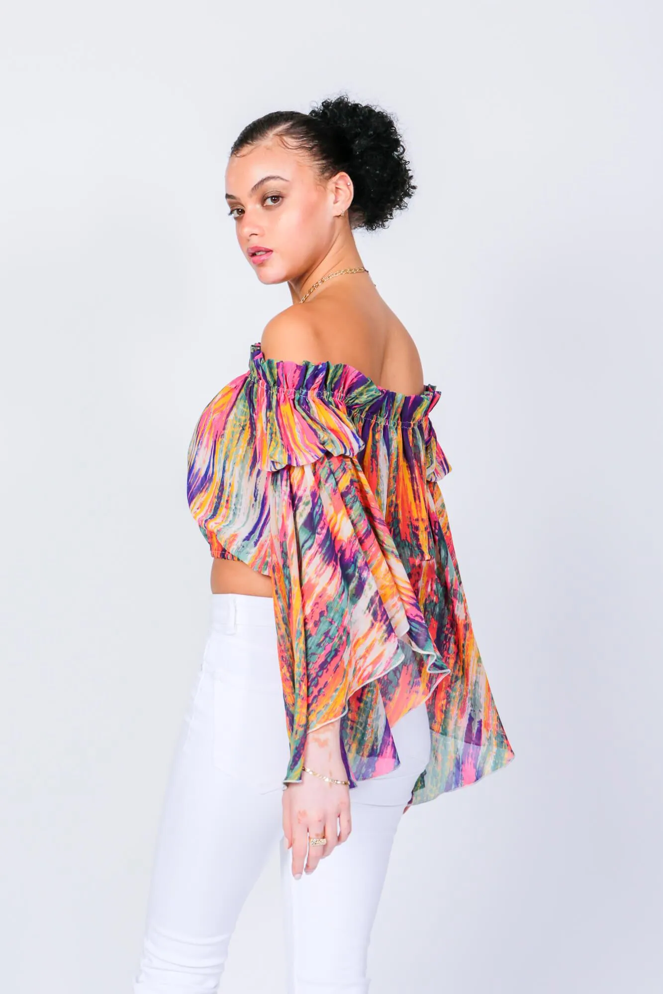 Bright Stripe Brittney Off The Shoulder Bell Sleeve Top by LUVMEMORE