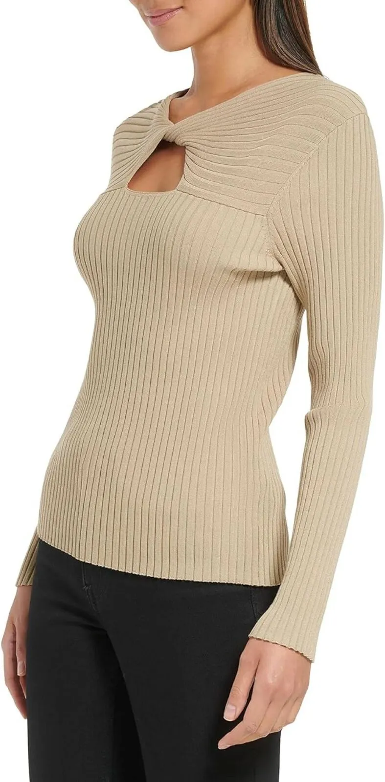 Calvin Klein Womens Ribbed Keyhole Sweater M2JSV723 Chai Brown L