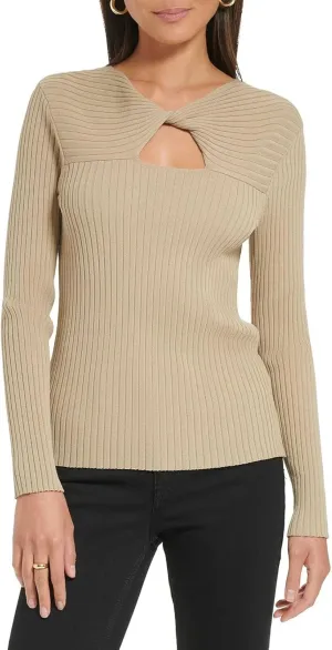 Calvin Klein Womens Ribbed Keyhole Sweater M2JSV723 Chai Brown L