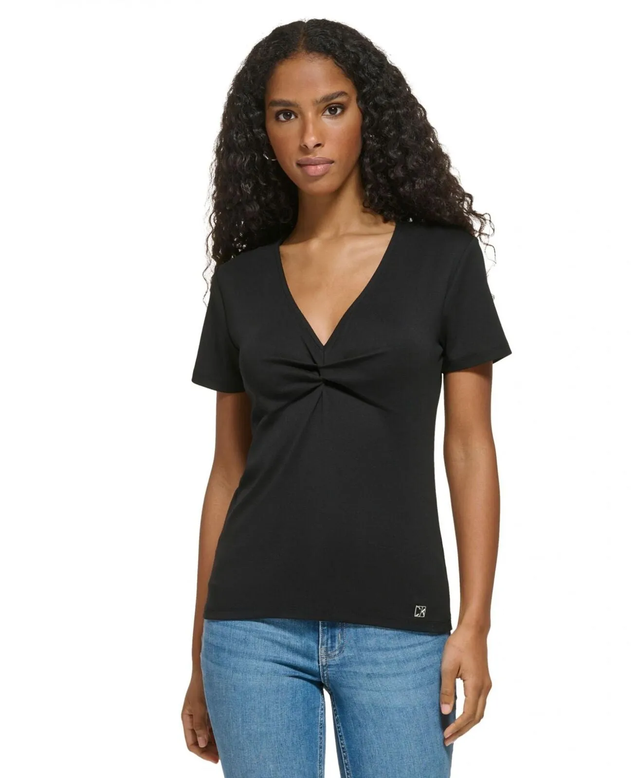 Calvin Klein Women's Twist Front V-Neck T-Shirt M3TH0804 Black S
