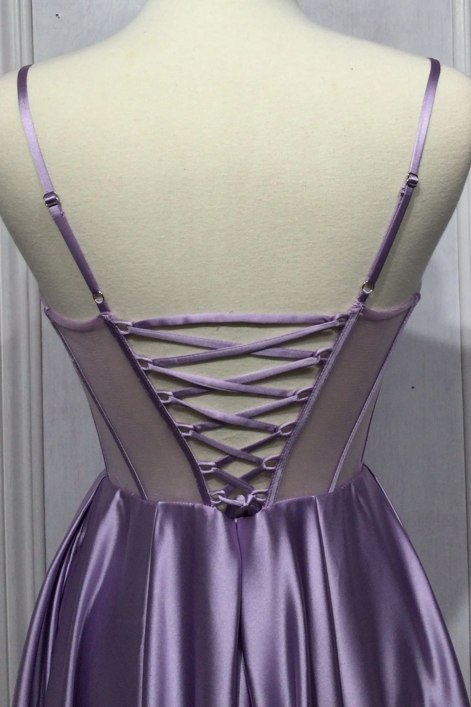CD CD276 - Satin A-Line Prom Gown with Sheer Boned Corset Bodice Bead Accented High Leg Slit & Lace Up Corset Back