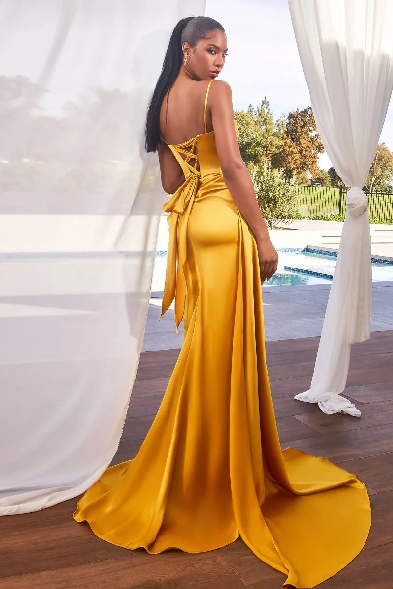 CD CD340 - Satin Fit & Flare Prom Gown with Daisy Shaped Bead Accented Bodice Lace Up Corset Back Leg Slit & Side Sash