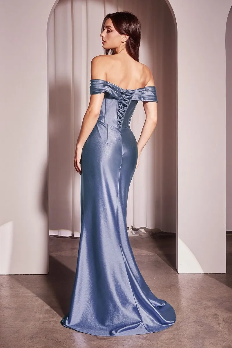 CD CD370 - Off The Shoulder Stretch Satin Fit & Flare Prom Gown with Asymmetrical Waist Boned Bodice Lace Up Back & Leg Slit