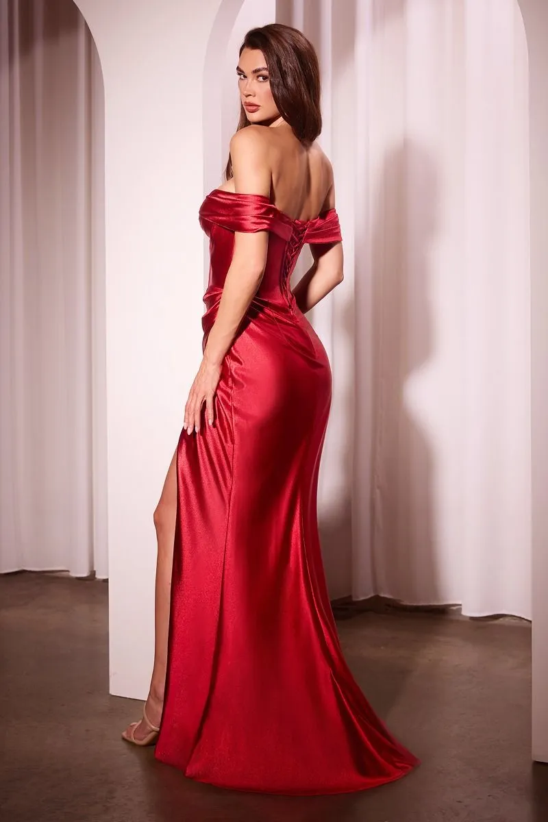 CD CD370 - Off The Shoulder Stretch Satin Fit & Flare Prom Gown with Asymmetrical Waist Boned Bodice Lace Up Back & Leg Slit