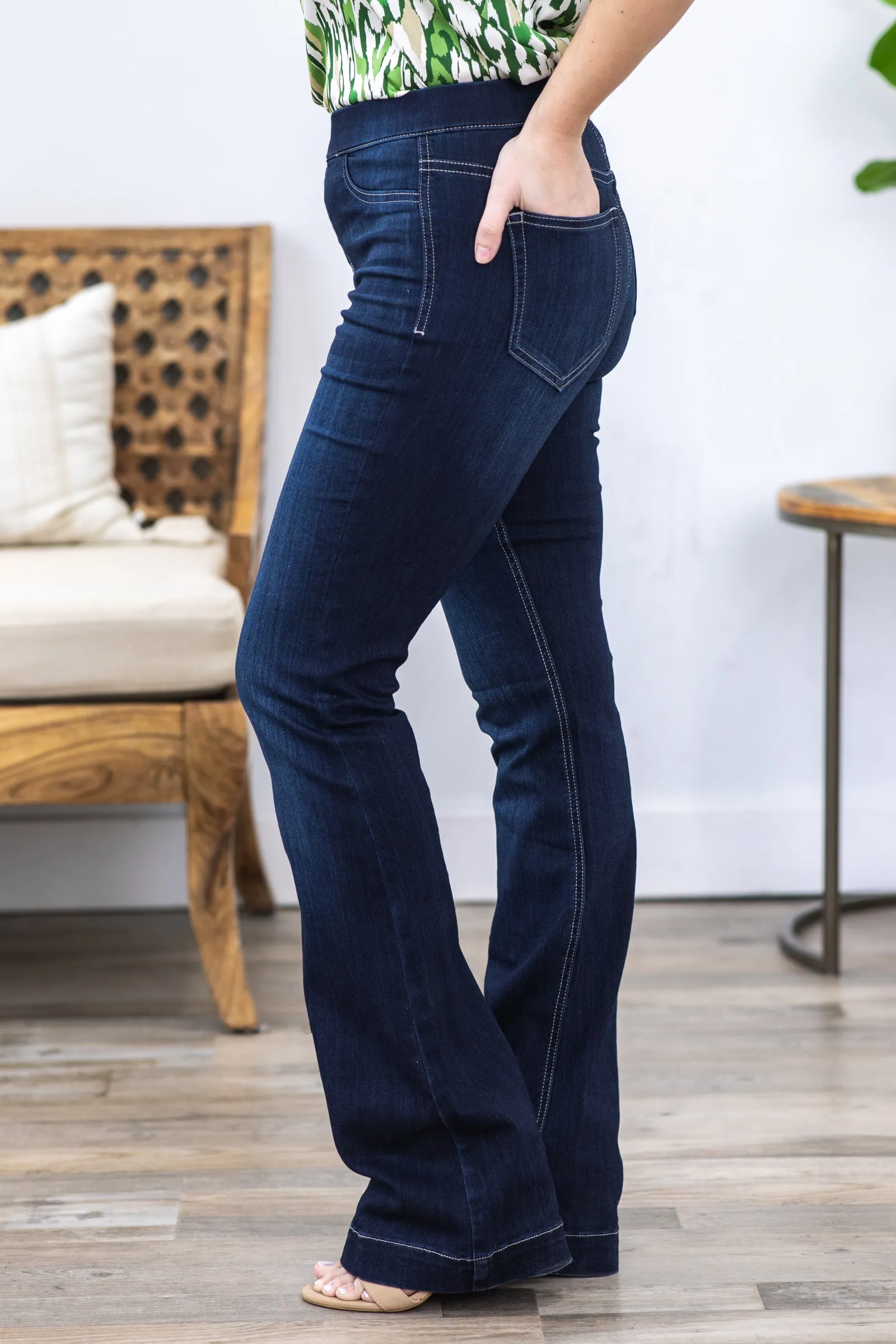 Cello Dark Wash Pull On Flare Jeans
