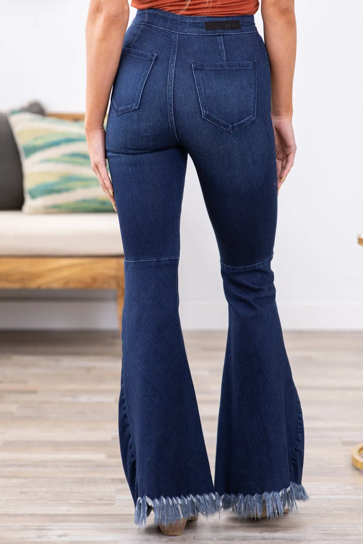 Cello High Rise Fray Hem Flare Jeans