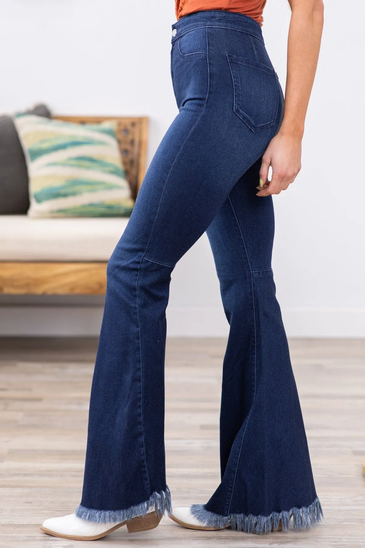 Cello High Rise Fray Hem Flare Jeans