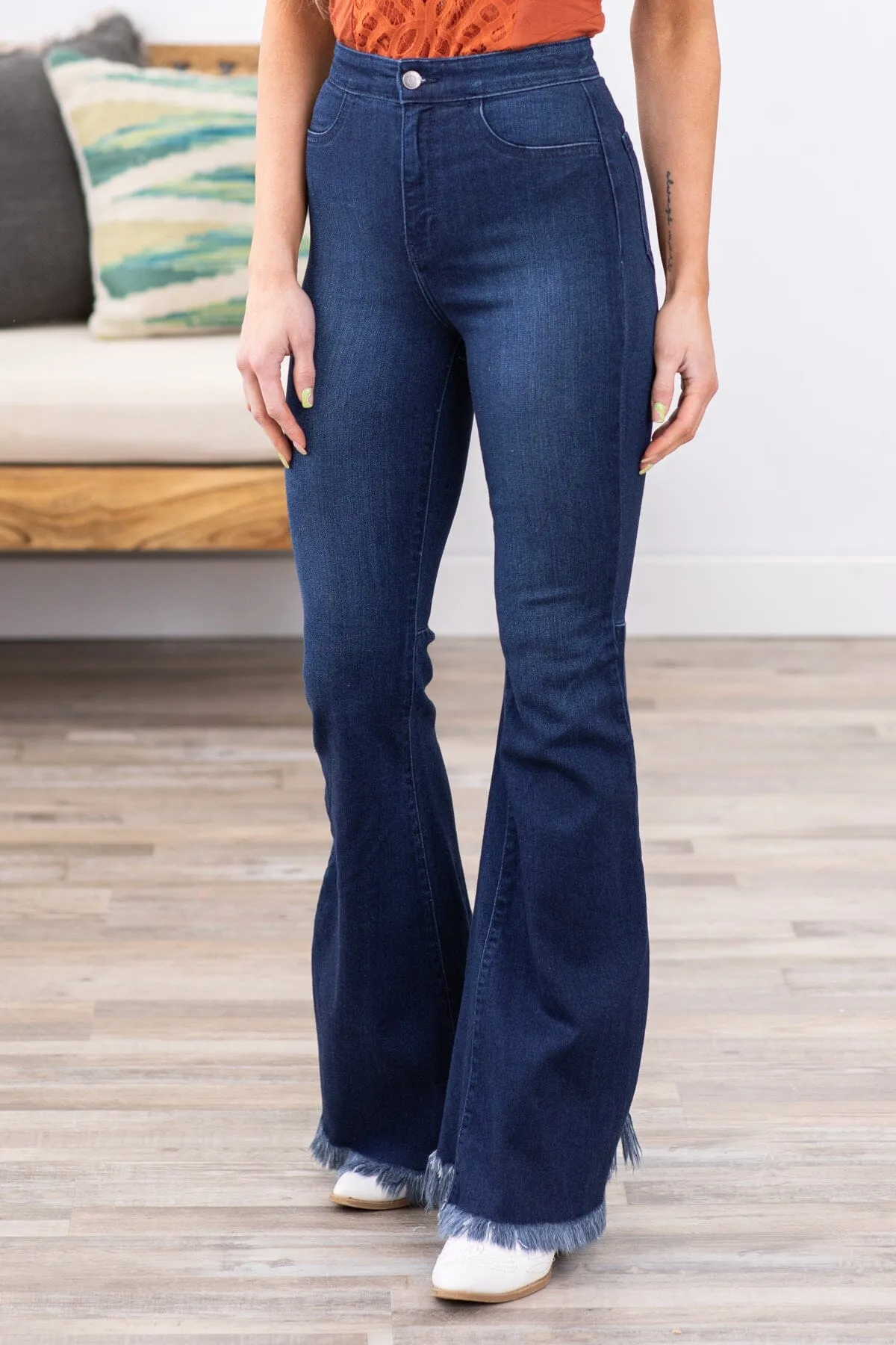 Cello High Rise Fray Hem Flare Jeans