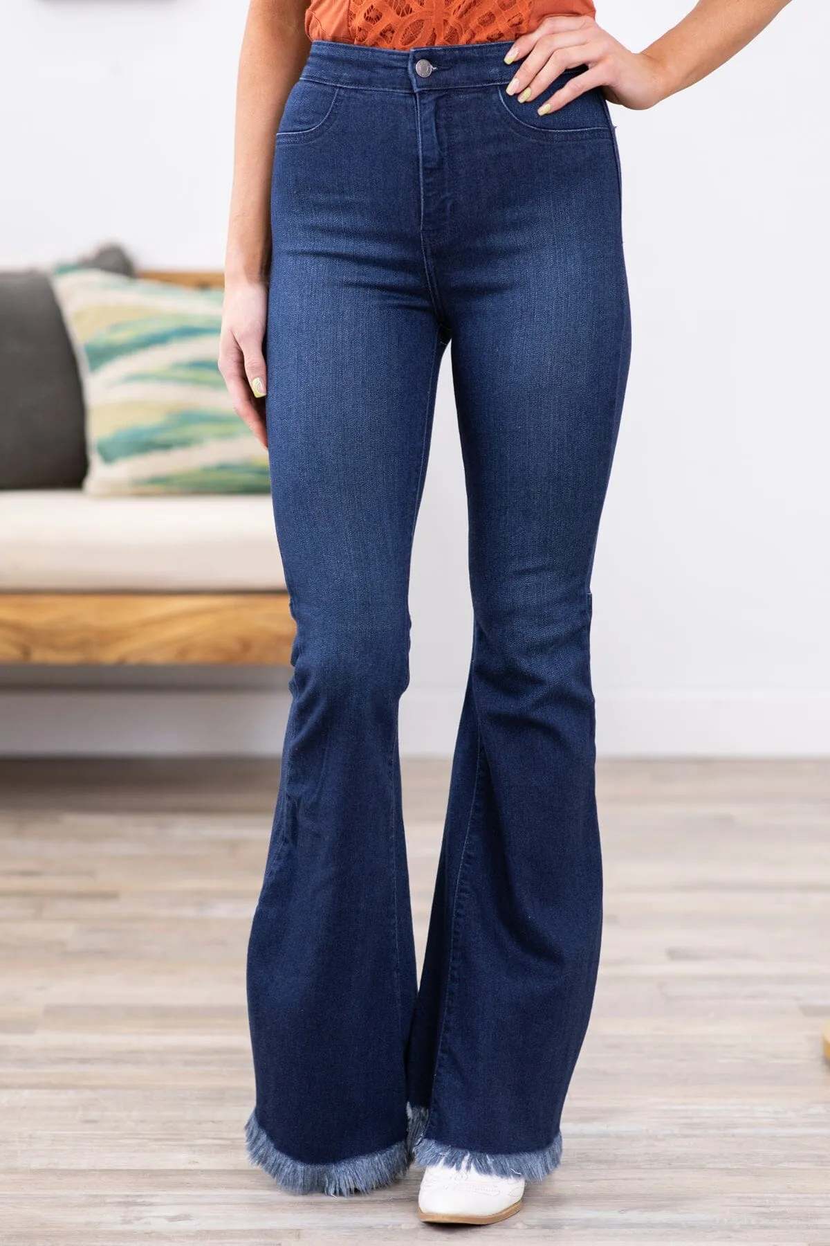 Cello High Rise Fray Hem Flare Jeans