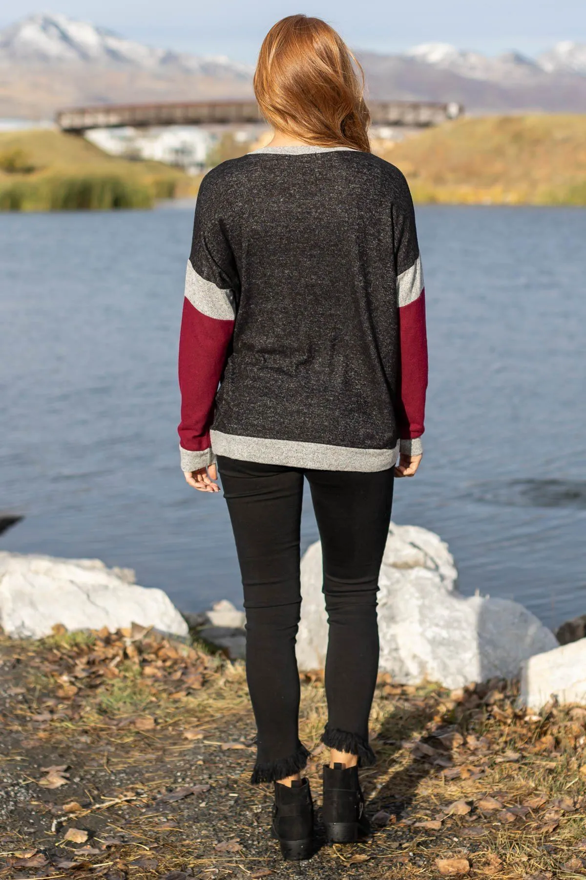 Charcoal and Burgundy Colorblock Top