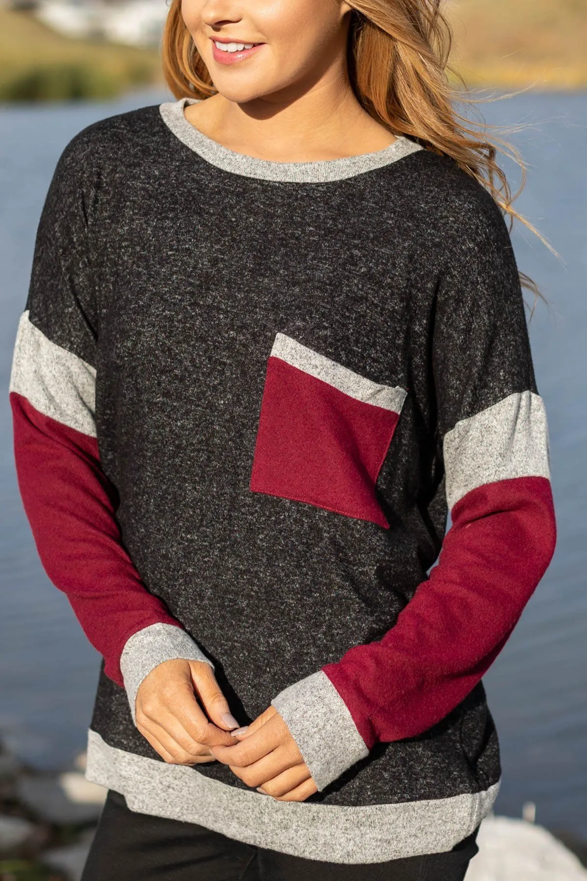 Charcoal and Burgundy Colorblock Top