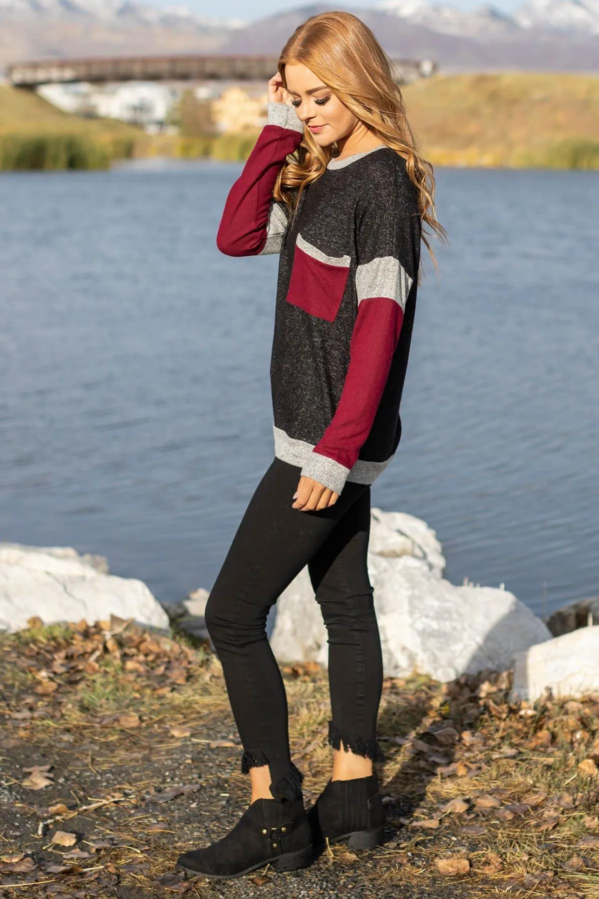 Charcoal and Burgundy Colorblock Top