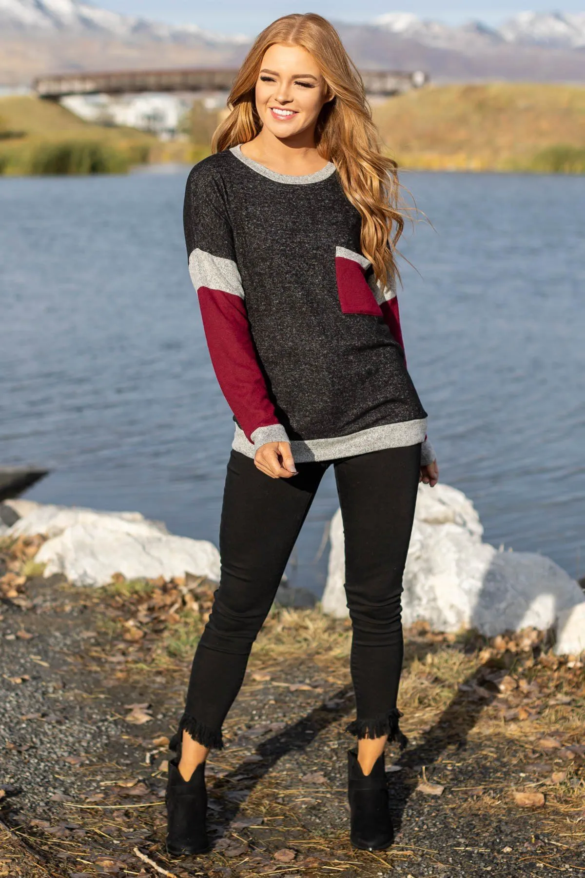Charcoal and Burgundy Colorblock Top