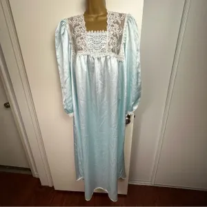 Christian Dior Baby Blue Satin Vintage Lace Embroidered Floral Night Gown Size L