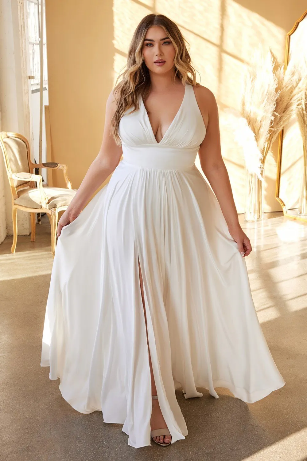 Cinderella Divine 7469WW Long Formal A-Line Satin Dress
