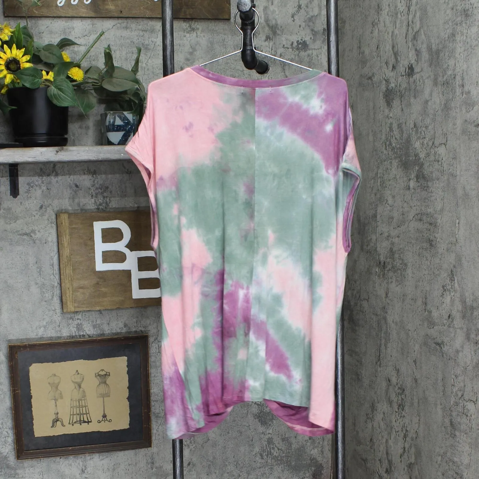 Coin 1804 Womens Plus Size Hand Tie Dye V-Neck Rolled Sleeve Top 1528X-407