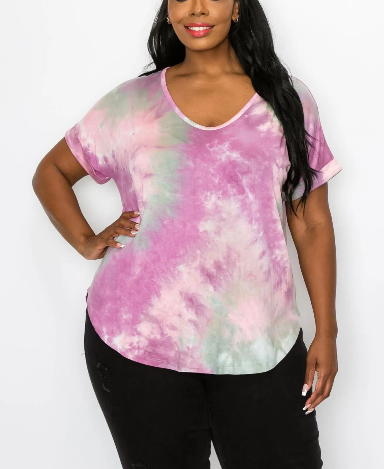 Coin 1804 Womens Plus Size Hand Tie Dye V-Neck Rolled Sleeve Top 1528X-407