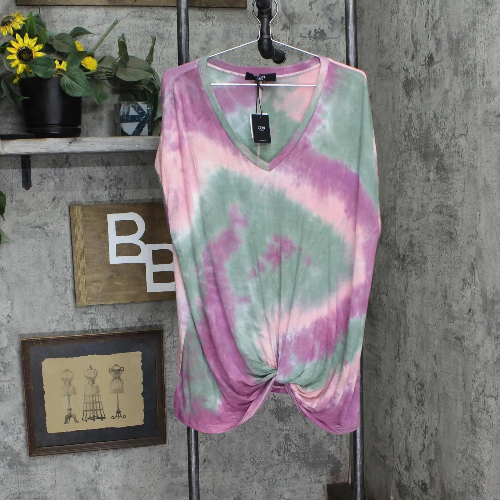 Coin 1804 Womens Plus Size Hand Tie Dye V-Neck Rolled Sleeve Top 1528X-407