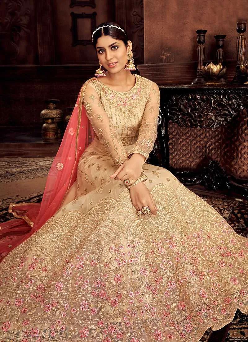 Cream and Pink Embroidered Kalidar Designer Anarkali Suit
