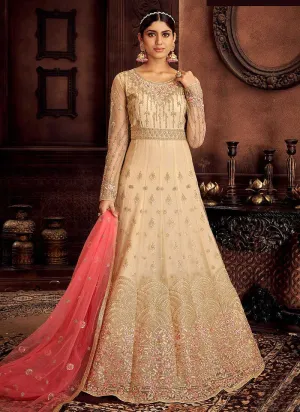 Cream and Pink Embroidered Kalidar Designer Anarkali Suit