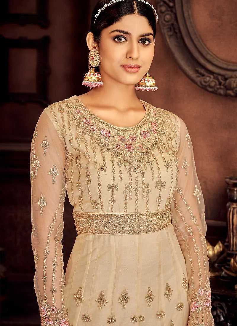 Cream and Pink Embroidered Kalidar Designer Anarkali Suit