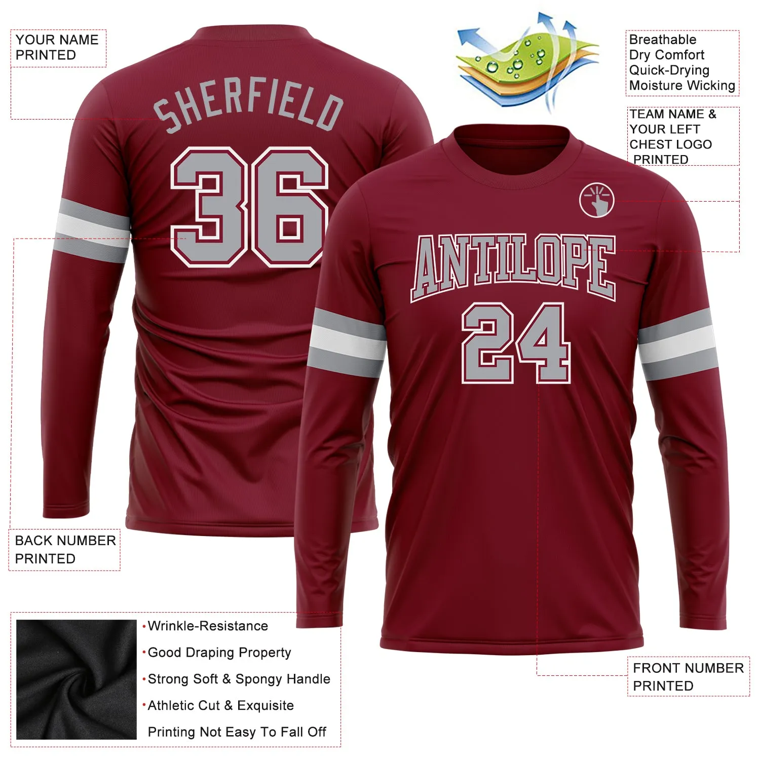 Custom Crimson Gray-White Long Sleeve Performance T-Shirt