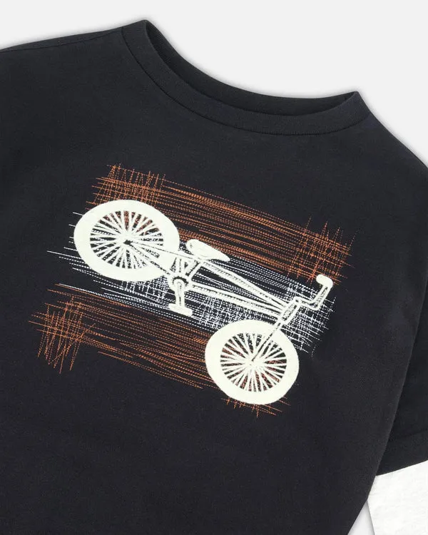 deux par deux Boys Layered Long Sleeve Bike T-Shirt - Black