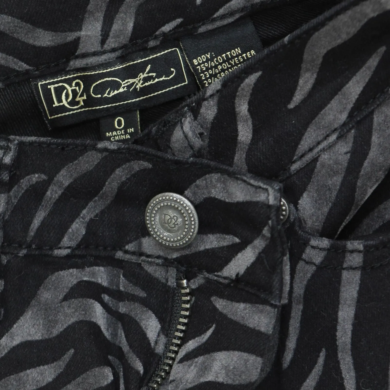 DG2 by Diane Gilman Crushed Velvet Straight Leg Animal Print Jeans Black Tiger 0