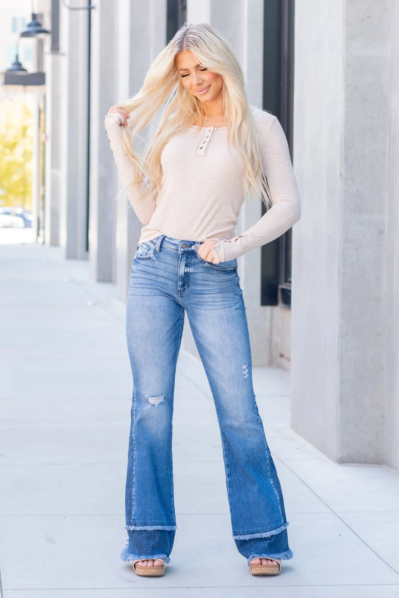Double Frayed Hem High Rise Flare