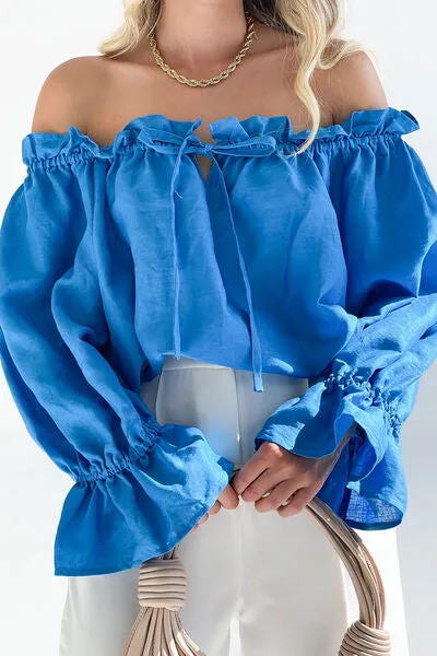 Drawstring Off-Shoulder Flounce Sleeve Blouse