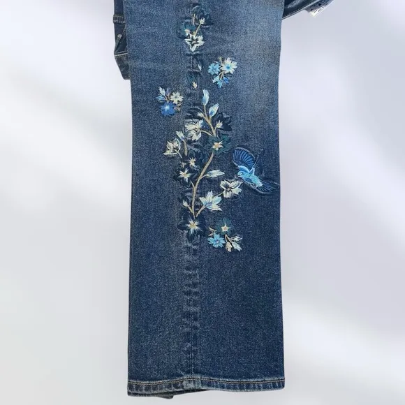 DRIFTWOOD Jeans Audrey High Rise Selvedge Embroidered Bird Flowers Blue Size 32