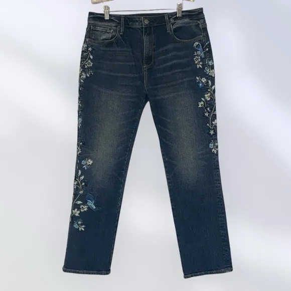 DRIFTWOOD Jeans Audrey High Rise Selvedge Embroidered Bird Flowers Blue Size 32