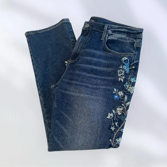 DRIFTWOOD Jeans Audrey High Rise Selvedge Embroidered Bird Flowers Blue Size 32