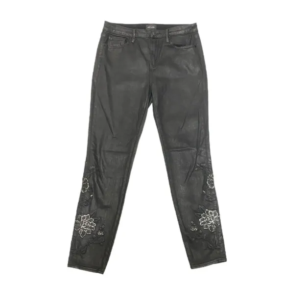 Driftwood Women’s Jackie High Rise Coated Black Embroidered Floral Jeans Sz 28