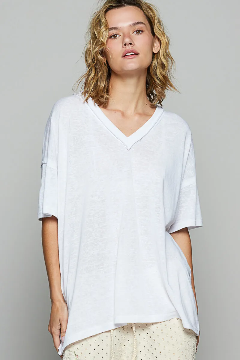 Drop Shoulder V-Neck Basic Tee by POL - Off White