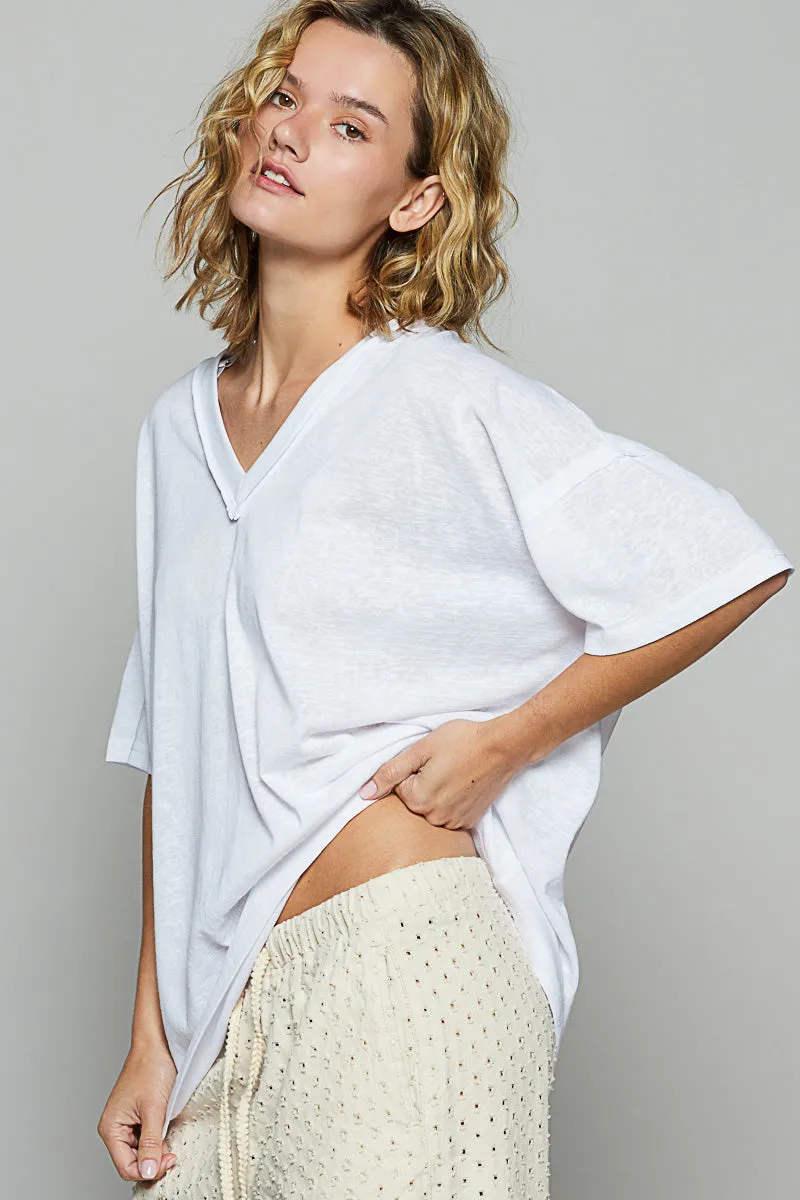 Drop Shoulder V-Neck Basic Tee by POL - Off White