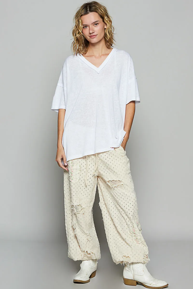 Drop Shoulder V-Neck Basic Tee by POL - Off White