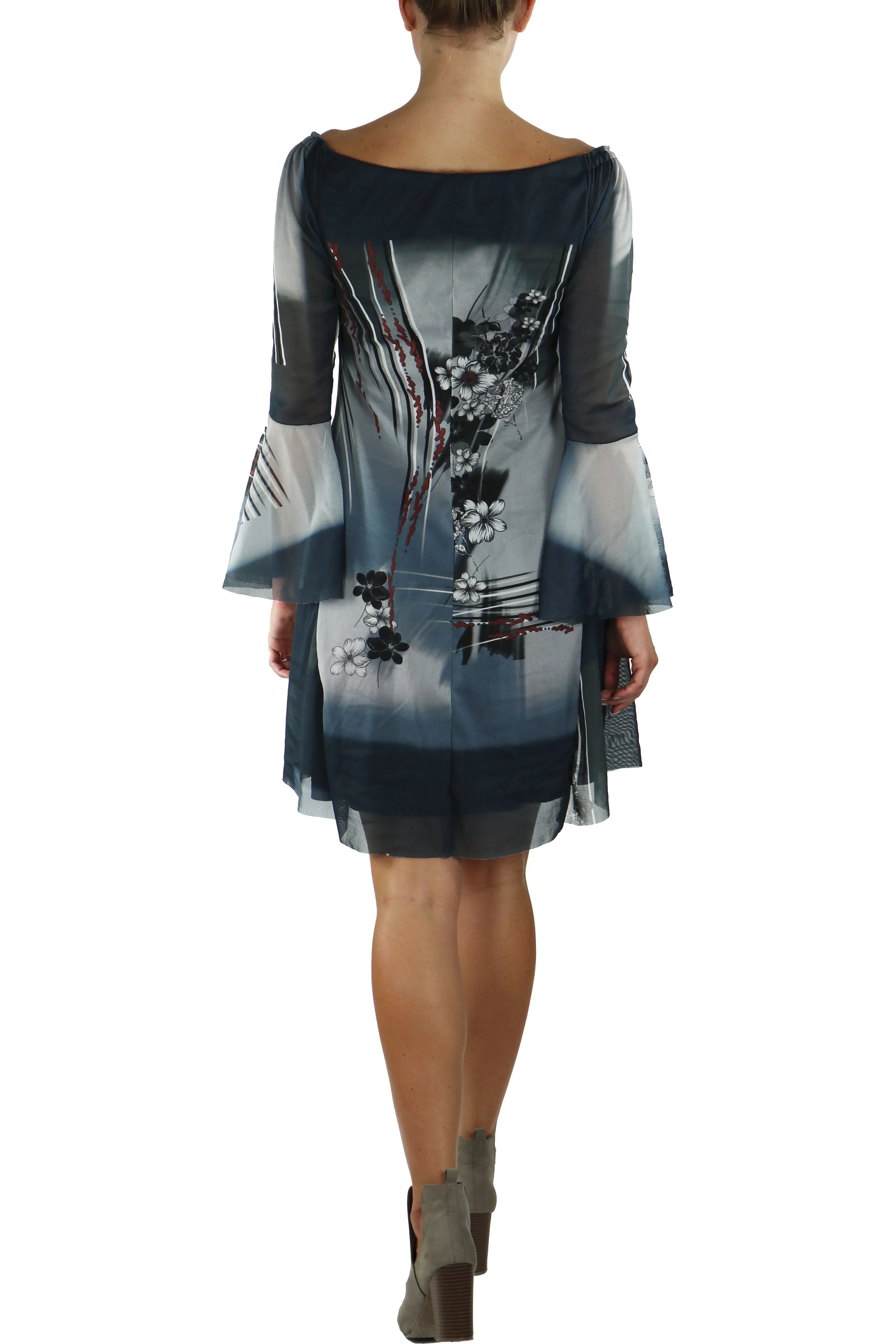 EBERTA Off Shoulder Bell Sleeve Print Mesh Short Dress