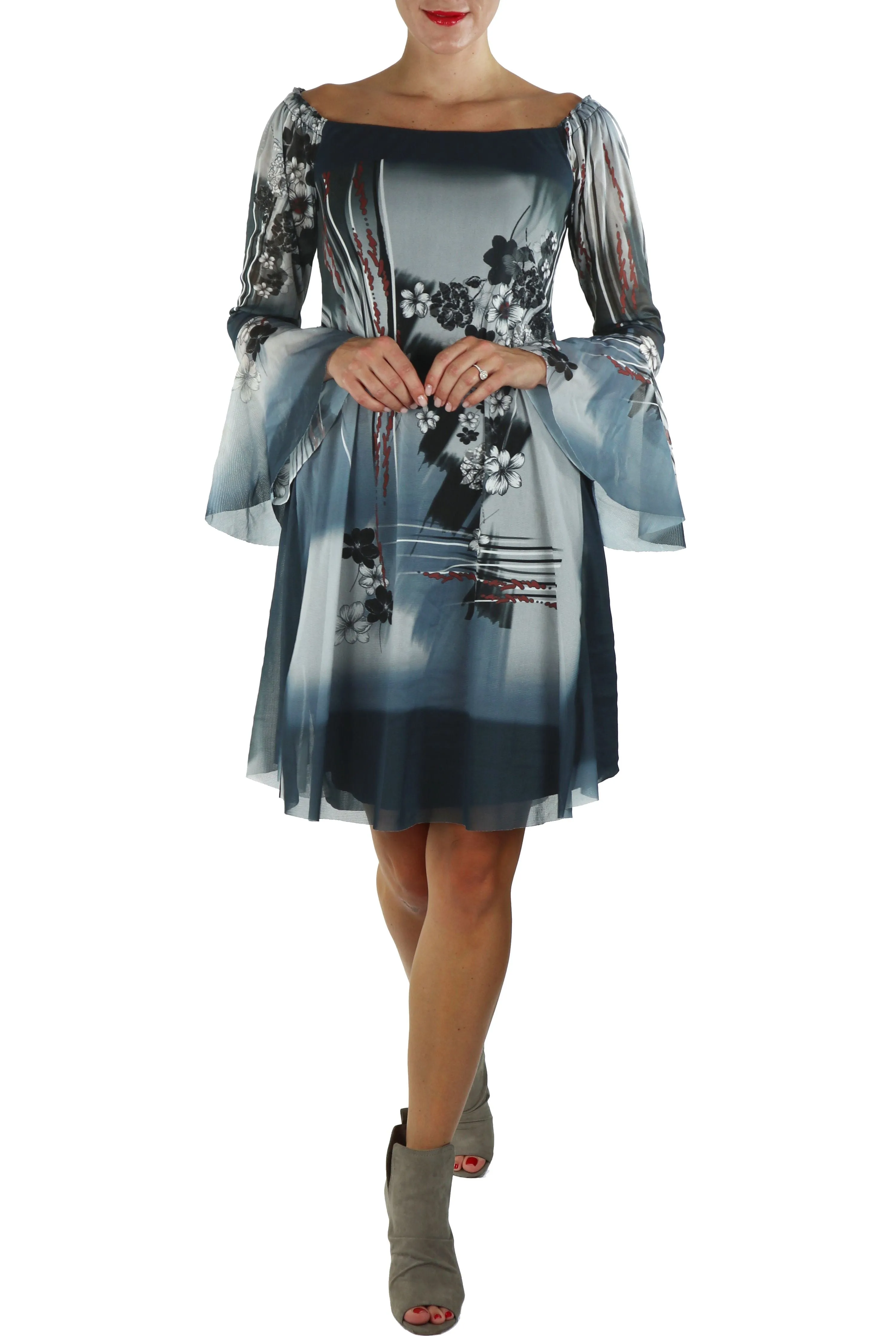 EBERTA Off Shoulder Bell Sleeve Print Mesh Short Dress
