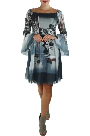EBERTA Off Shoulder Bell Sleeve Print Mesh Short Dress