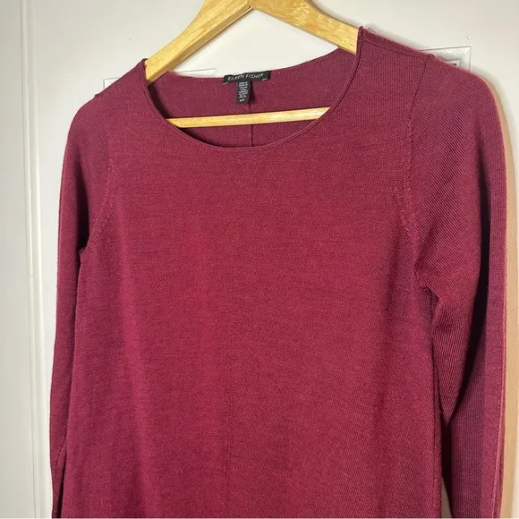 EILEEN FISHER Merino Wool Burgundy Knit Dress Valentines Long Sleeve Small