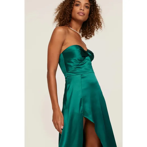 Elle Zeitoune Magnolia Dress Strapless High Slit Satin Gown Maxi Green Medium