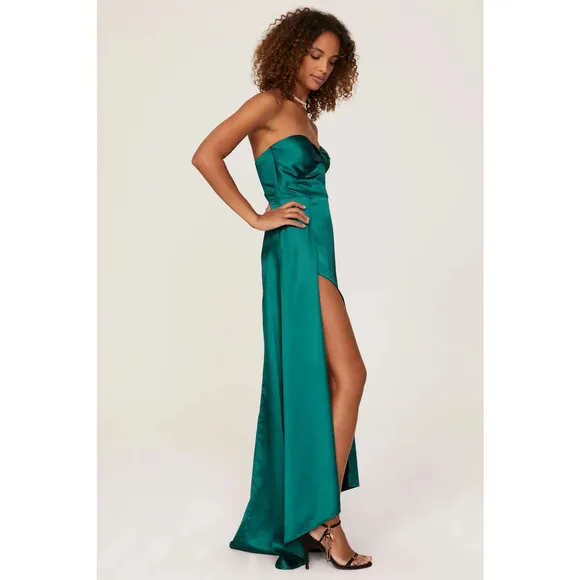 Elle Zeitoune Magnolia Dress Strapless High Slit Satin Gown Maxi Green Medium