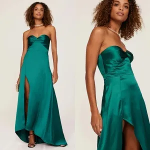 Elle Zeitoune Magnolia Dress Strapless High Slit Satin Gown Maxi Green Medium
