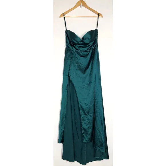 Elle Zeitoune Magnolia Dress Strapless High Slit Satin Gown Maxi Green Medium