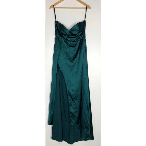 Elle Zeitoune Magnolia Dress Strapless High Slit Satin Gown Maxi Green Medium