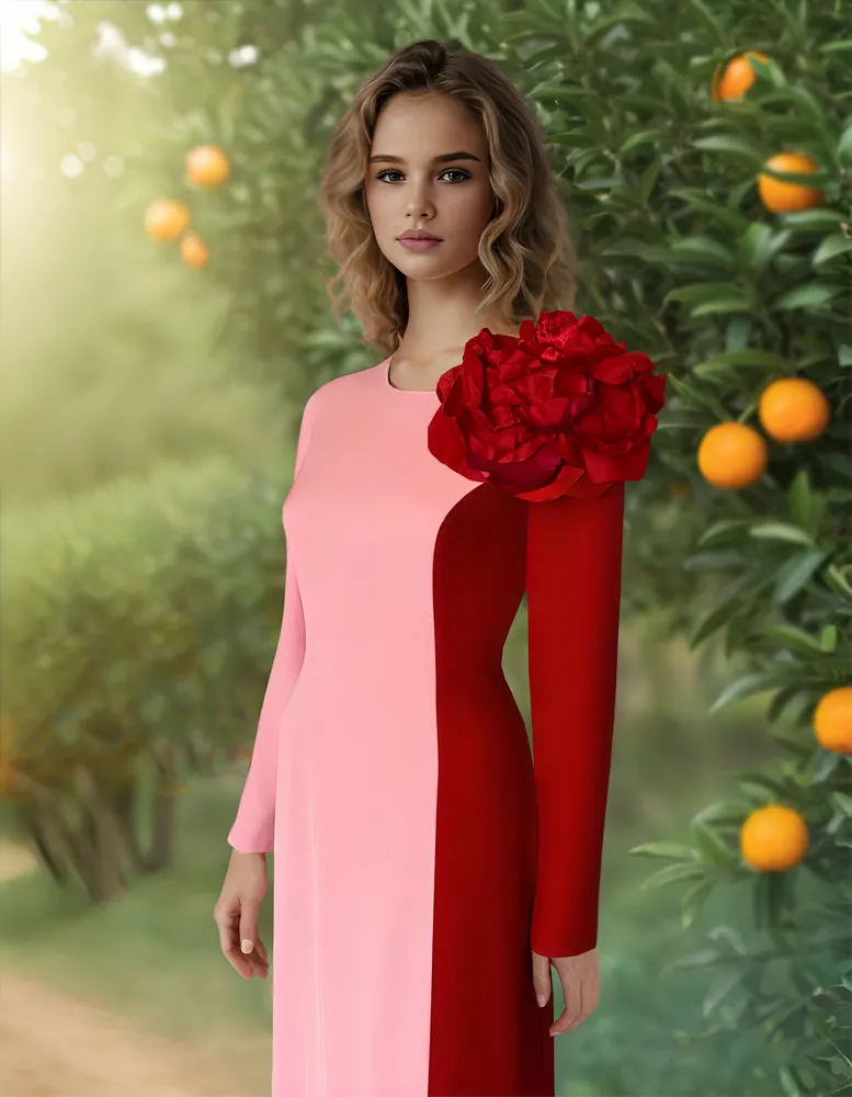 English Rose Color Block Long Sleeve Gown with Statement Flower