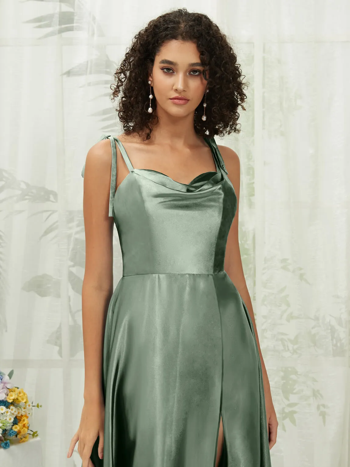 Eucalyptus Satin Sweetheart Adjustable Straps Formal Gown With Pocket