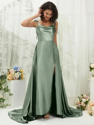 Eucalyptus Satin Sweetheart Adjustable Straps Formal Gown With Pocket