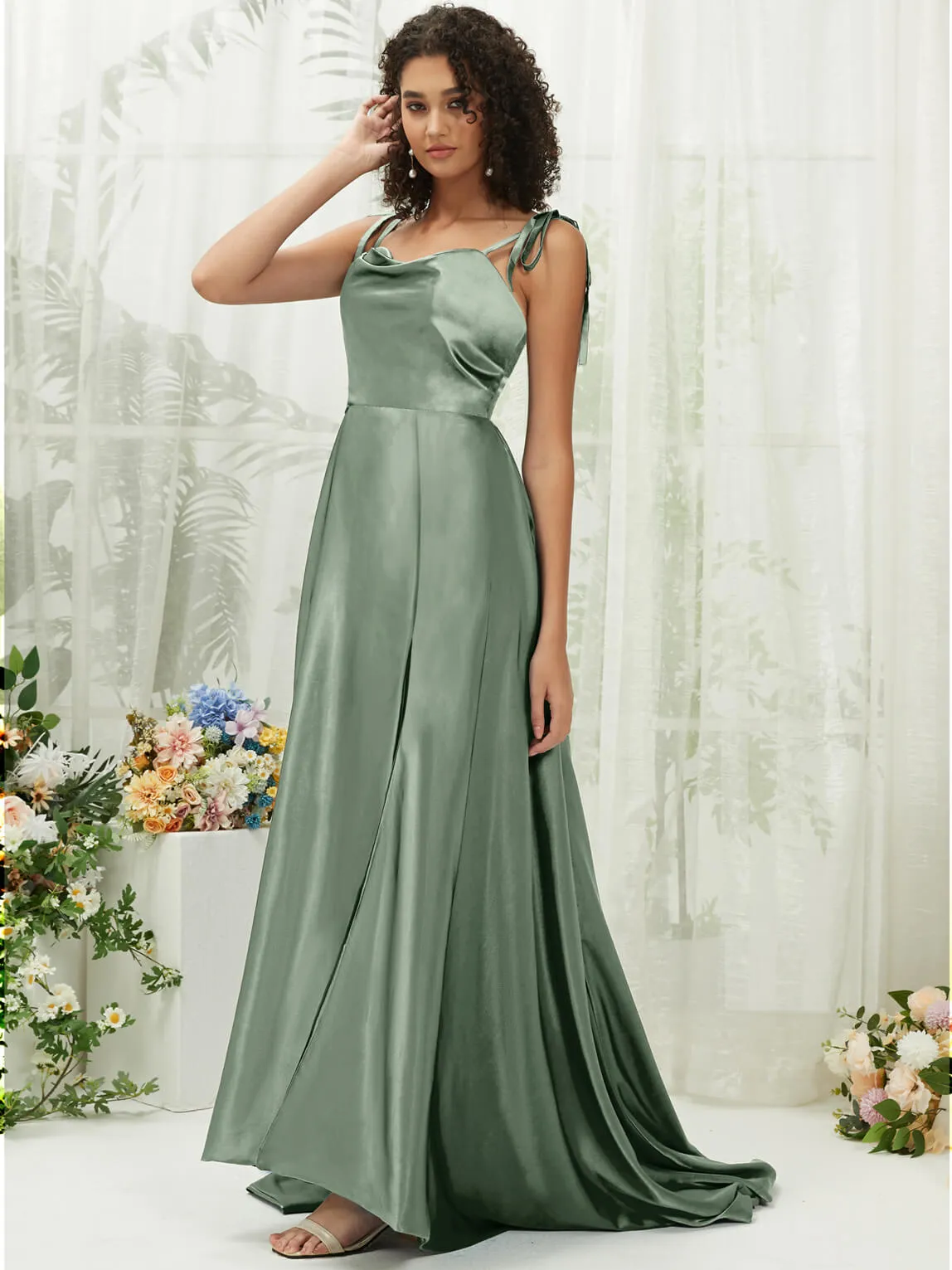 Eucalyptus Satin Sweetheart Adjustable Straps Formal Gown With Pocket